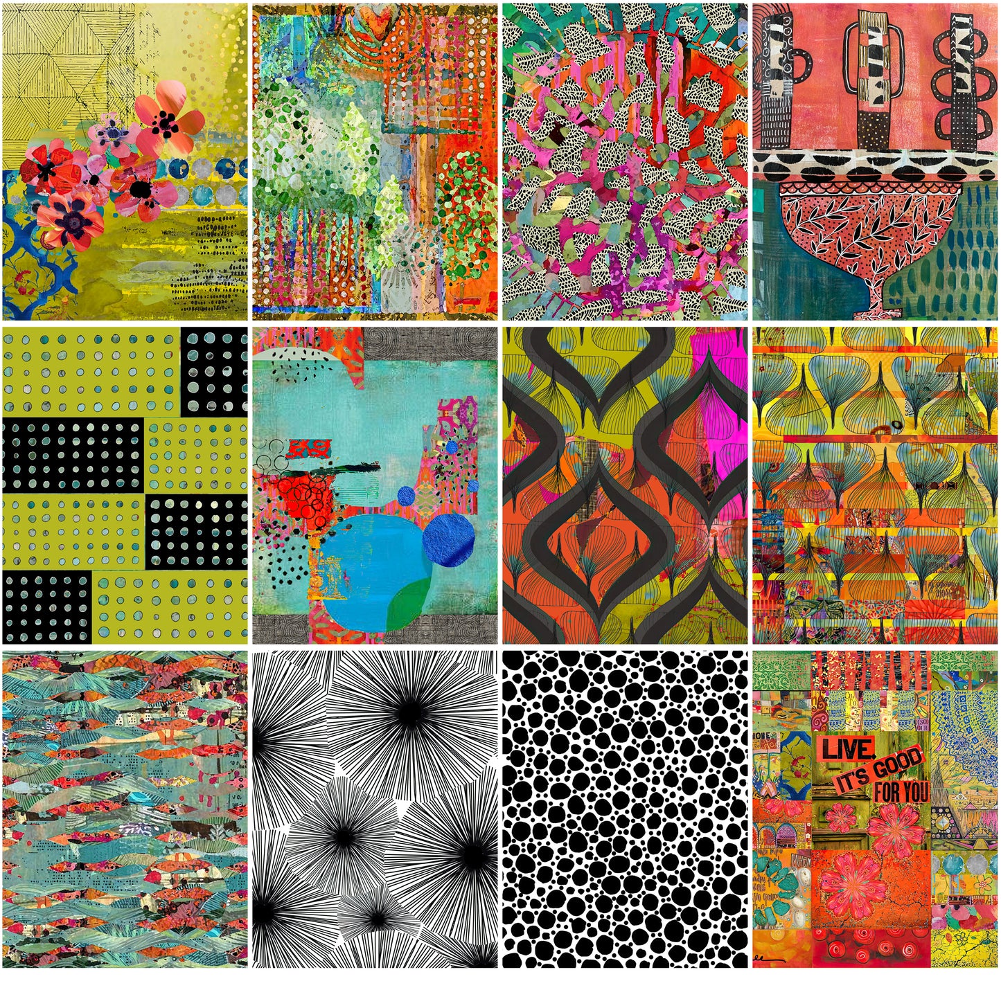 A 3x5 grid collage of twelve distinct abstract and patterned art prints, featuring vibrant multicolor designs including floral motifs, geometric shapes, black-and-white starburst patterns, and textured backgrounds.