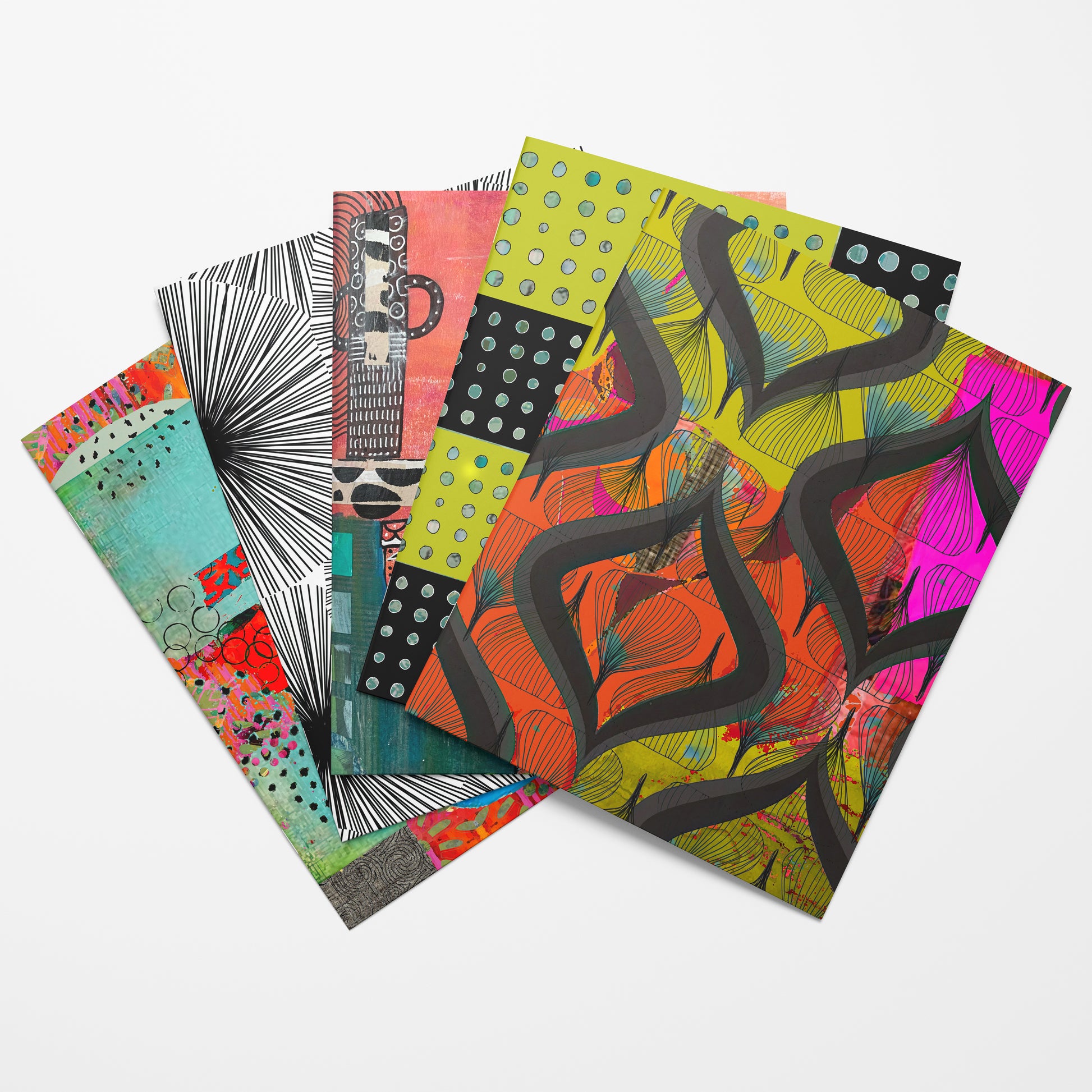A fan arrangement of five colorful abstract art collage papers on a light gray background, each featuring unique patterns and vibrant hues.