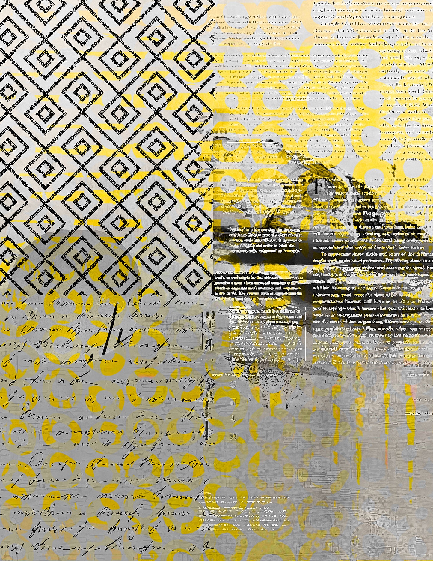 Abstract mixed-media collage artwork featuring a geometric diamond pattern in black and white on the left, a bright yellow patterned section on the upper right, handwritten script overlays, and distressed gray textures throughout.