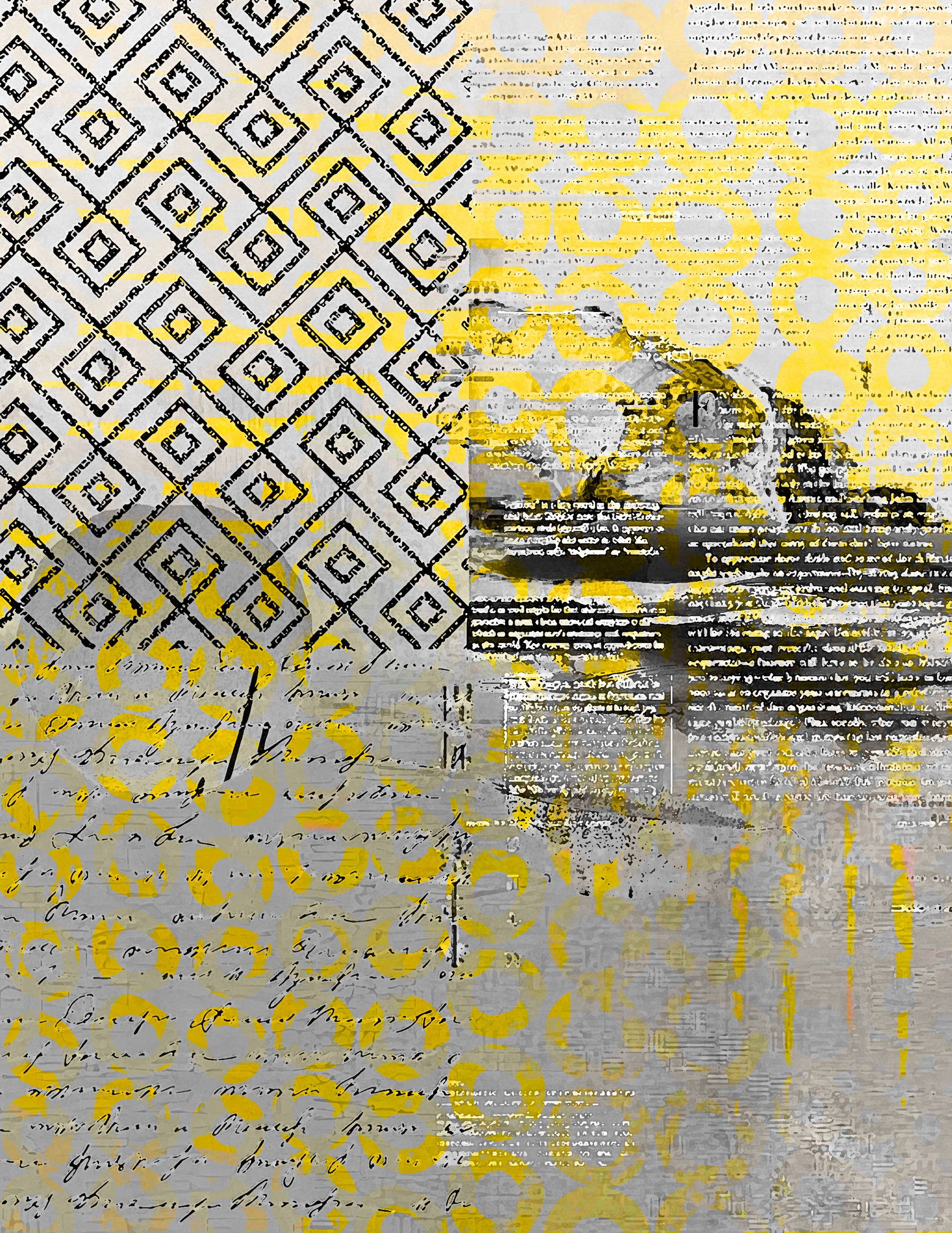 Abstract mixed-media collage artwork featuring a geometric diamond pattern in black and white on the left, a bright yellow patterned section on the upper right, handwritten script overlays, and distressed gray textures throughout.