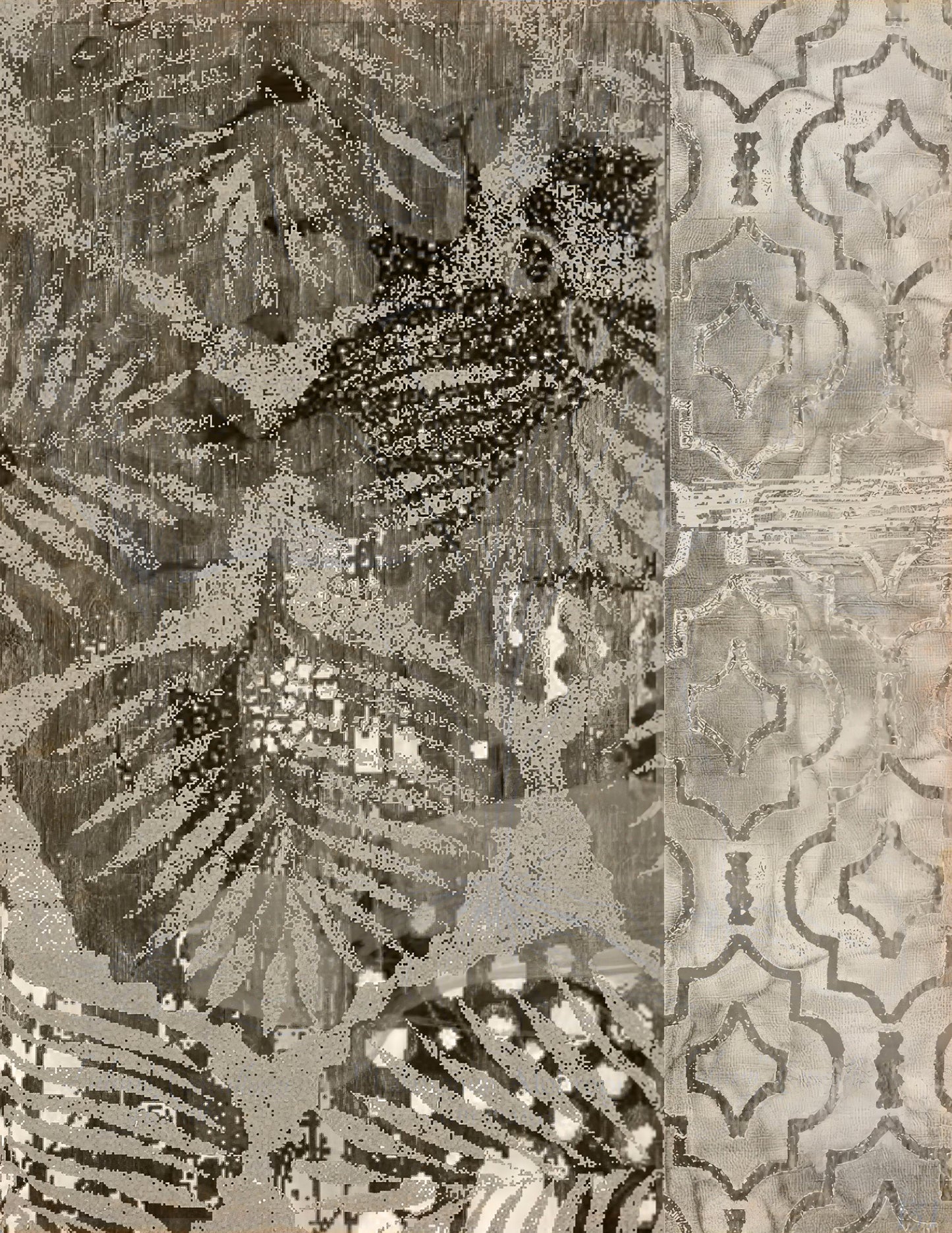 A close-up of a patterned textile or wallpaper featuring a split design: a left side with abstract botanical leaf motifs in gray, black, and white, and a right side with a repeating geometric trellis pattern in light gray and off-white.