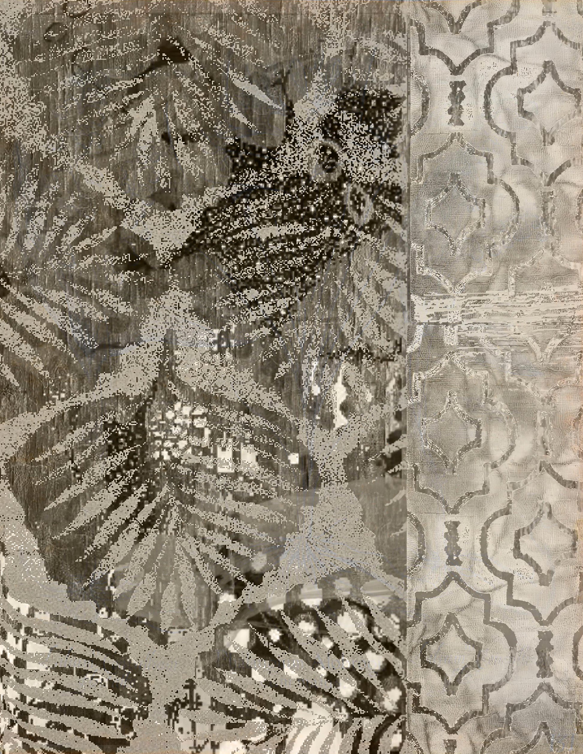 A close-up of a patterned textile or wallpaper featuring a split design: a left side with abstract botanical leaf motifs in gray, black, and white, and a right side with a repeating geometric trellis pattern in light gray and off-white.