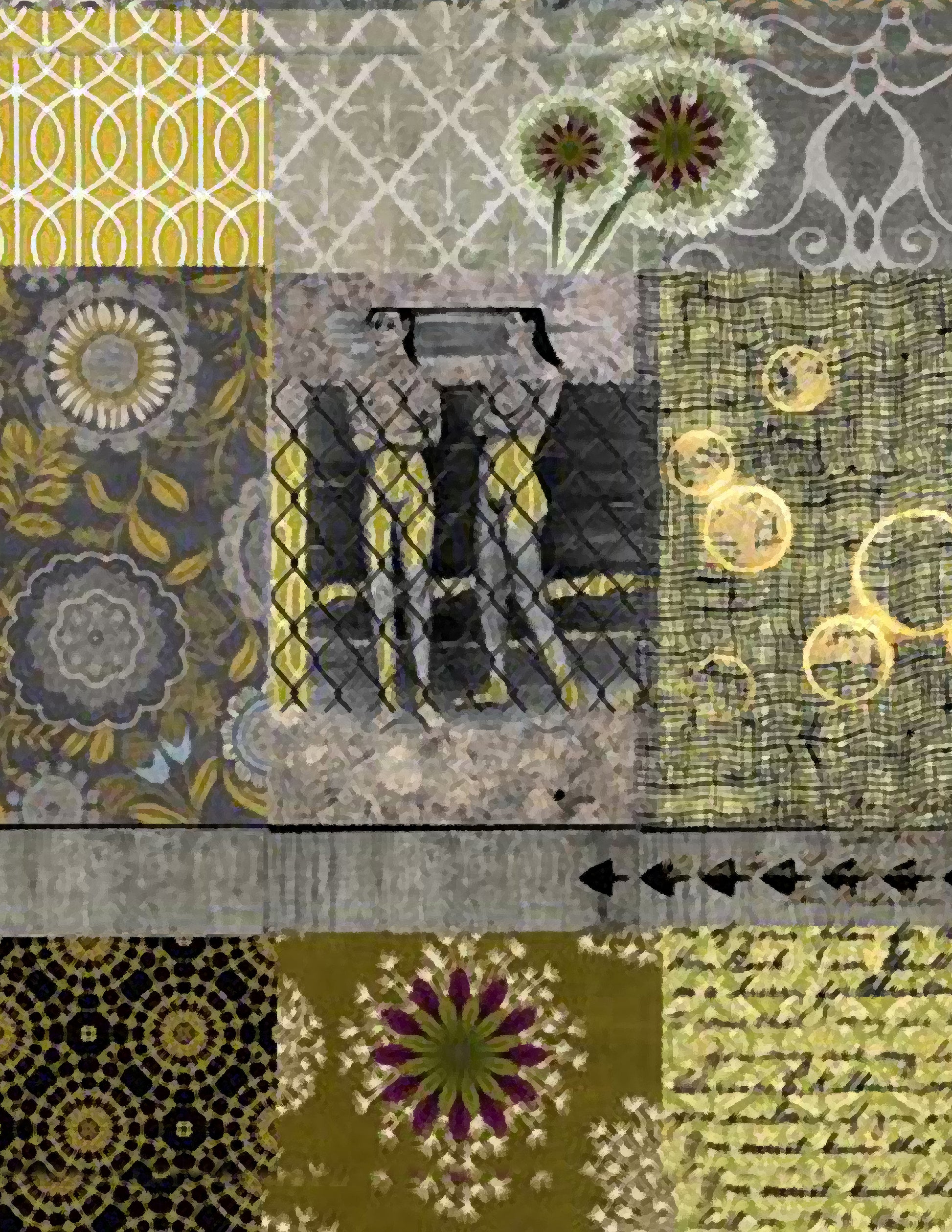 A square patchwork-style artwork made of multiple rectangular panels with different patterns and motifs, including floral medallions, geometric lines, dandelion-like flowers, abstract textures, script writing, and a central dark architectural scene. The palette is dominated by olive green, mustard yellow, gray, black, and white, with some muted purple accents.