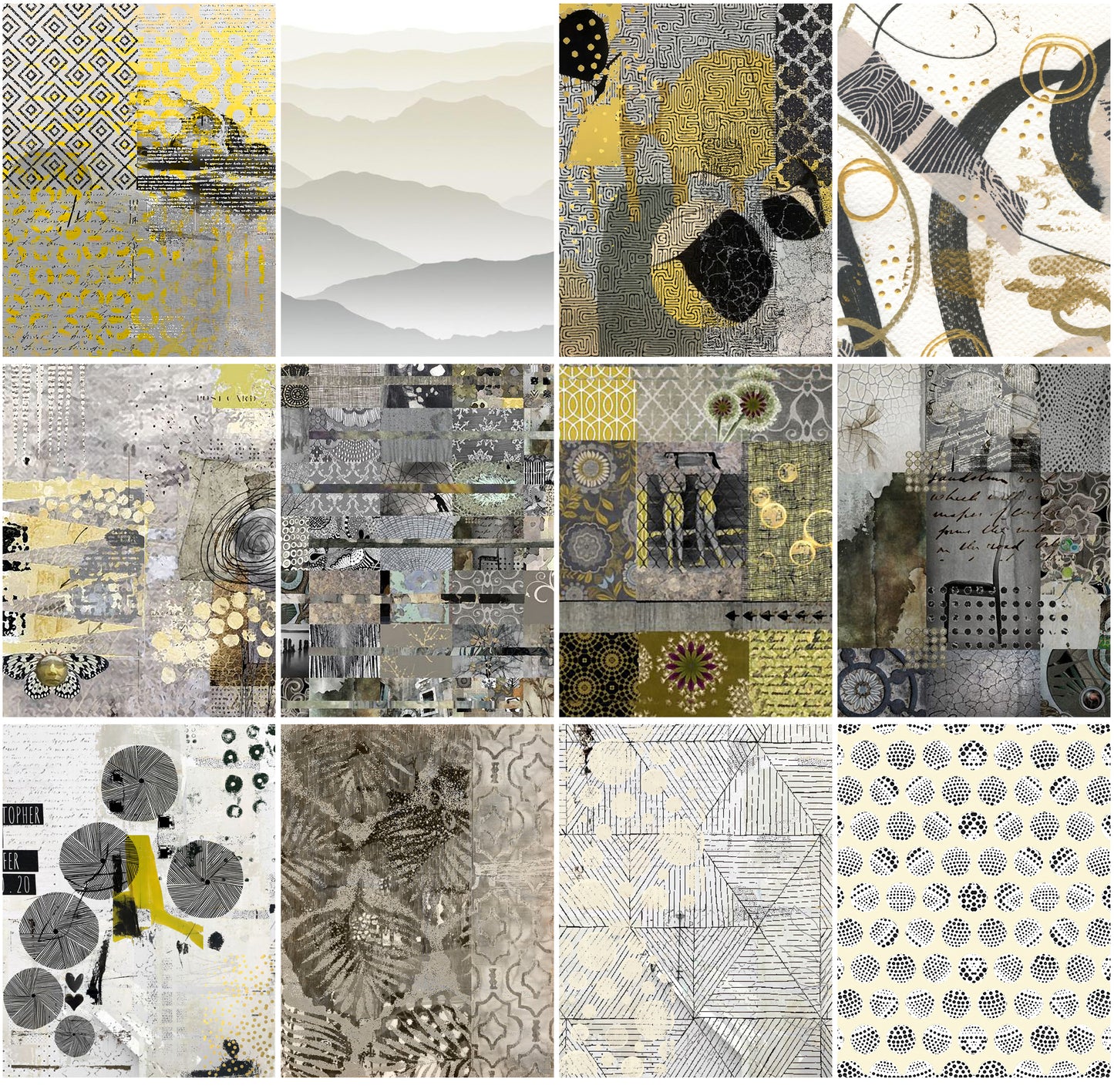 A 3x4 collage of twelve abstract art prints and pattern swatches in a monochrome palette of gray, black, white, and yellow-gold.