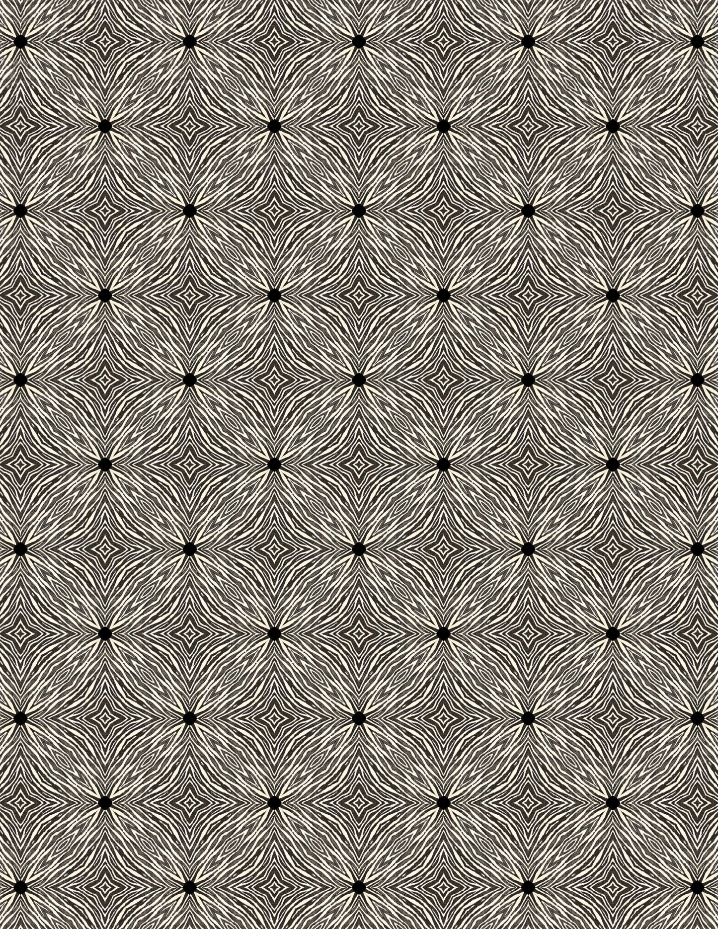 A seamless geometric pattern featuring repeating starburst motifs in black, gray, and off-white, arranged in a grid.
