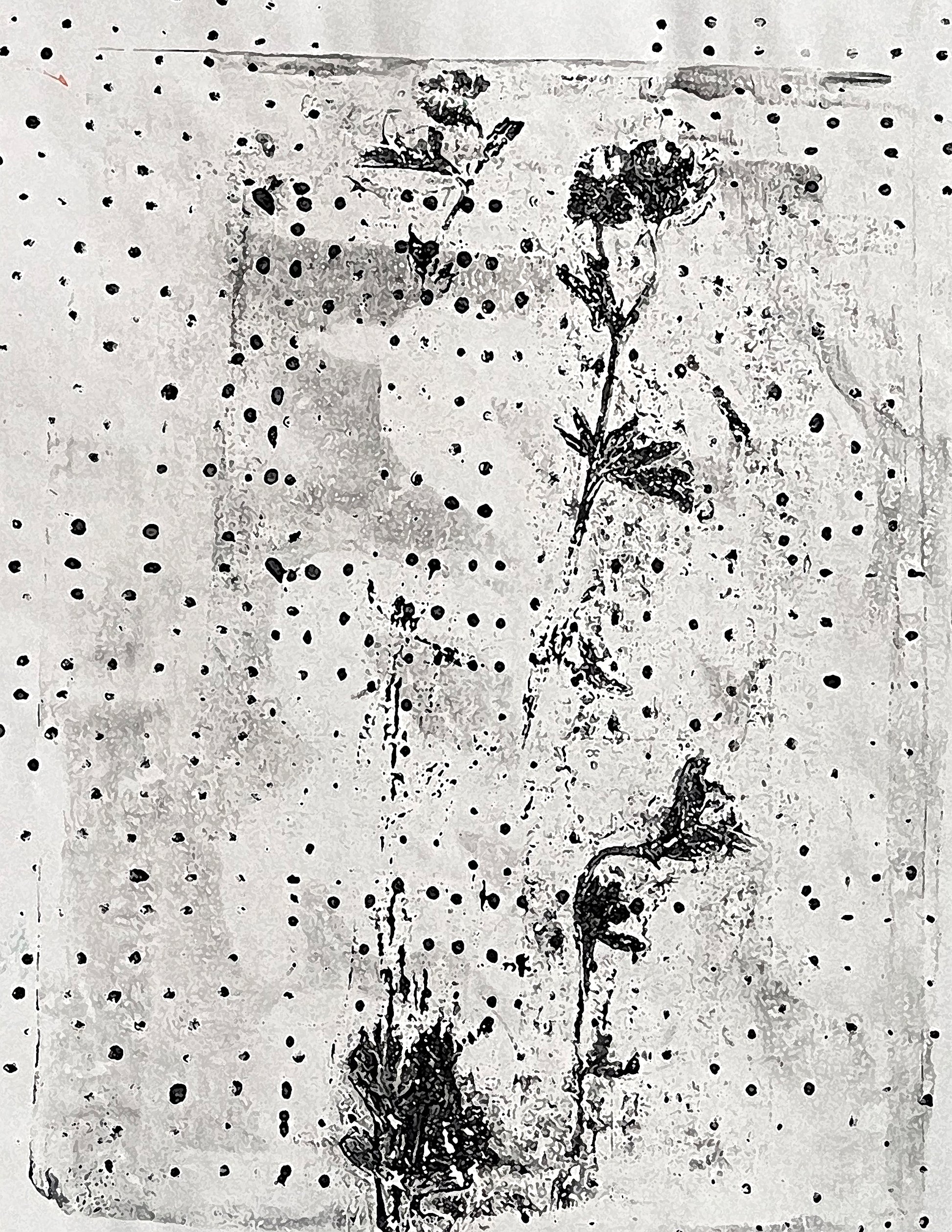 An abstract black ink botanical print on textured off-white paper, featuring pressed flower shapes and a dotted pattern.