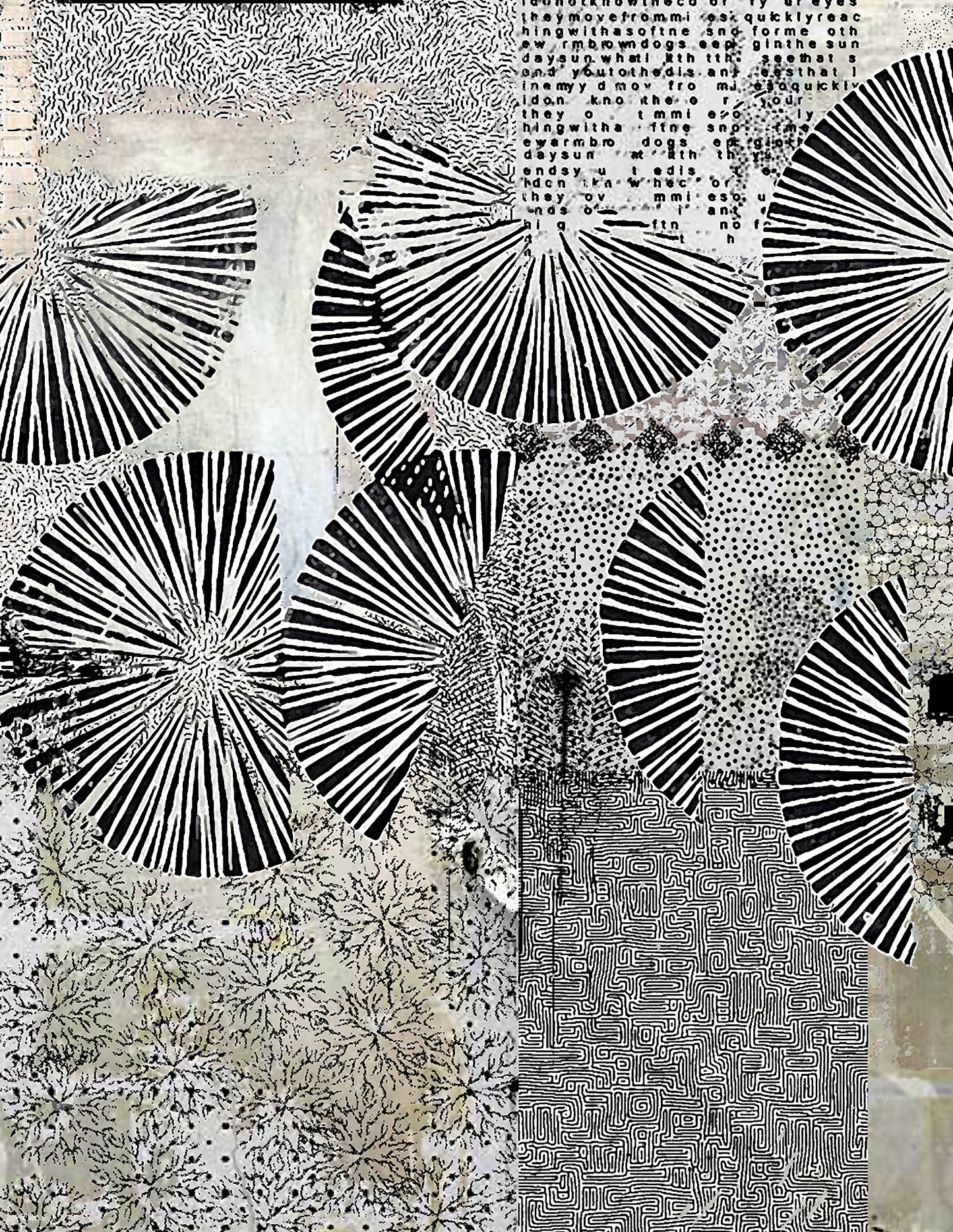 Abstract black and white collage artwork featuring multiple stylized fan or umbrella-like radial shapes, dense dot patterns, handwritten text blocks, and textured paper backgrounds.