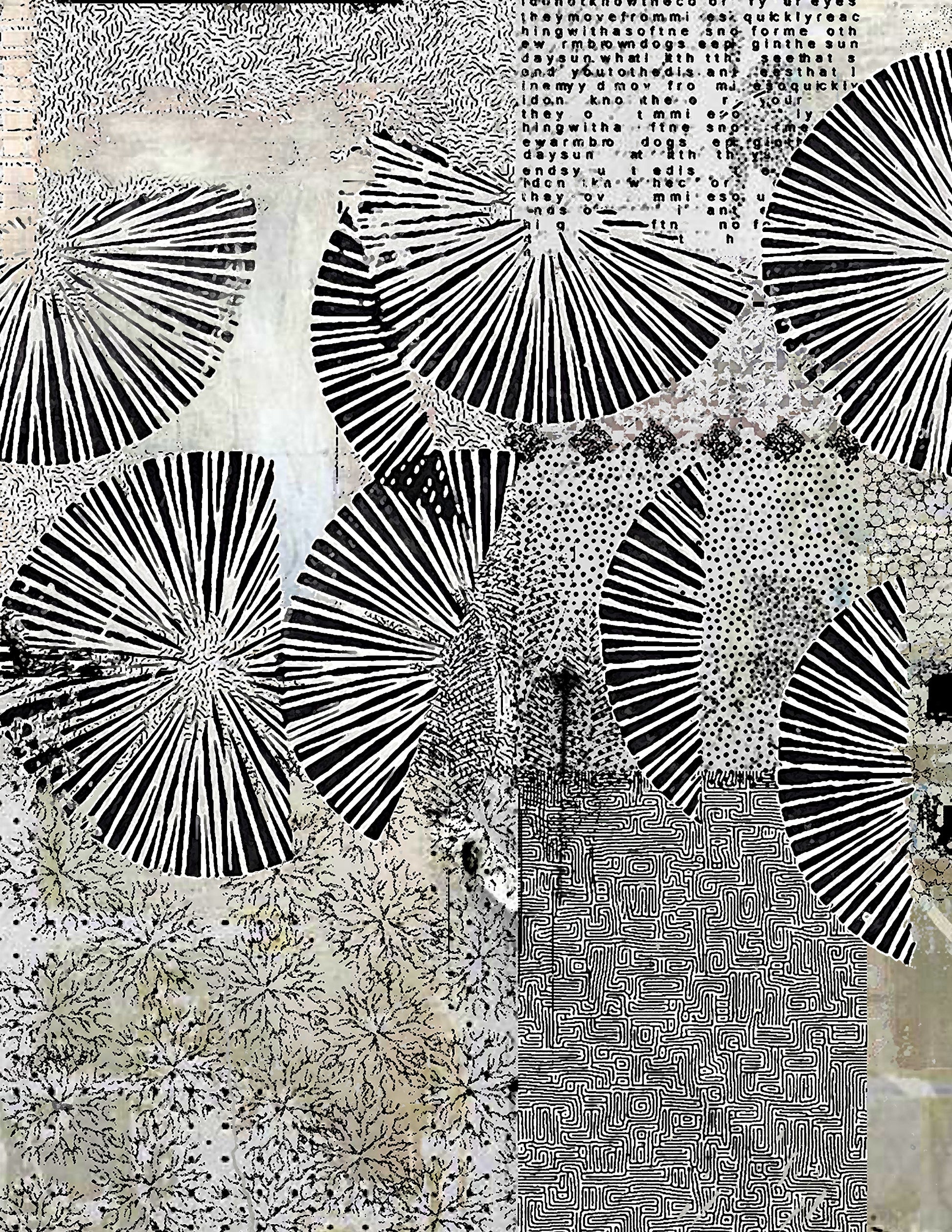 Abstract black and white collage artwork featuring multiple stylized fan or umbrella-like radial shapes, dense dot patterns, handwritten text blocks, and textured paper backgrounds.