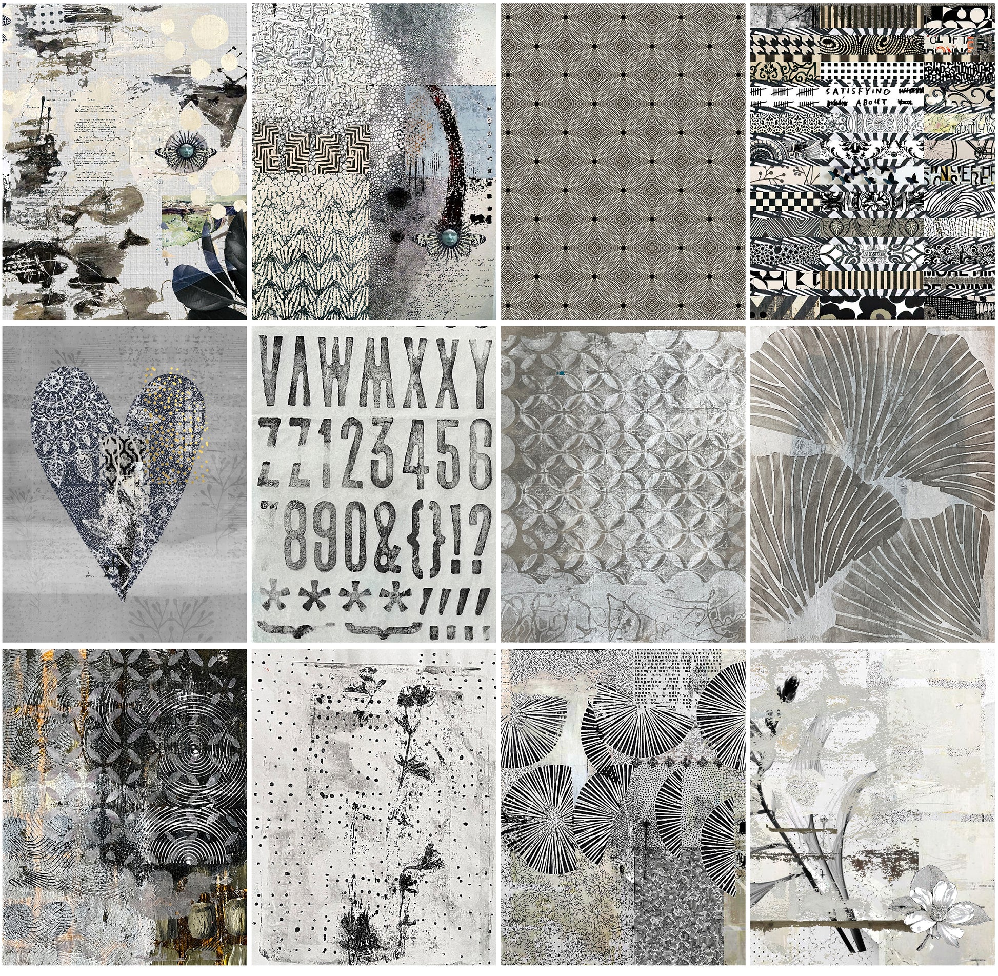 A 12-panel collage showcasing various abstract and geometric patterns in monochrome tones of gray, black, white, and beige, including textures, patterns, and typographic designs.