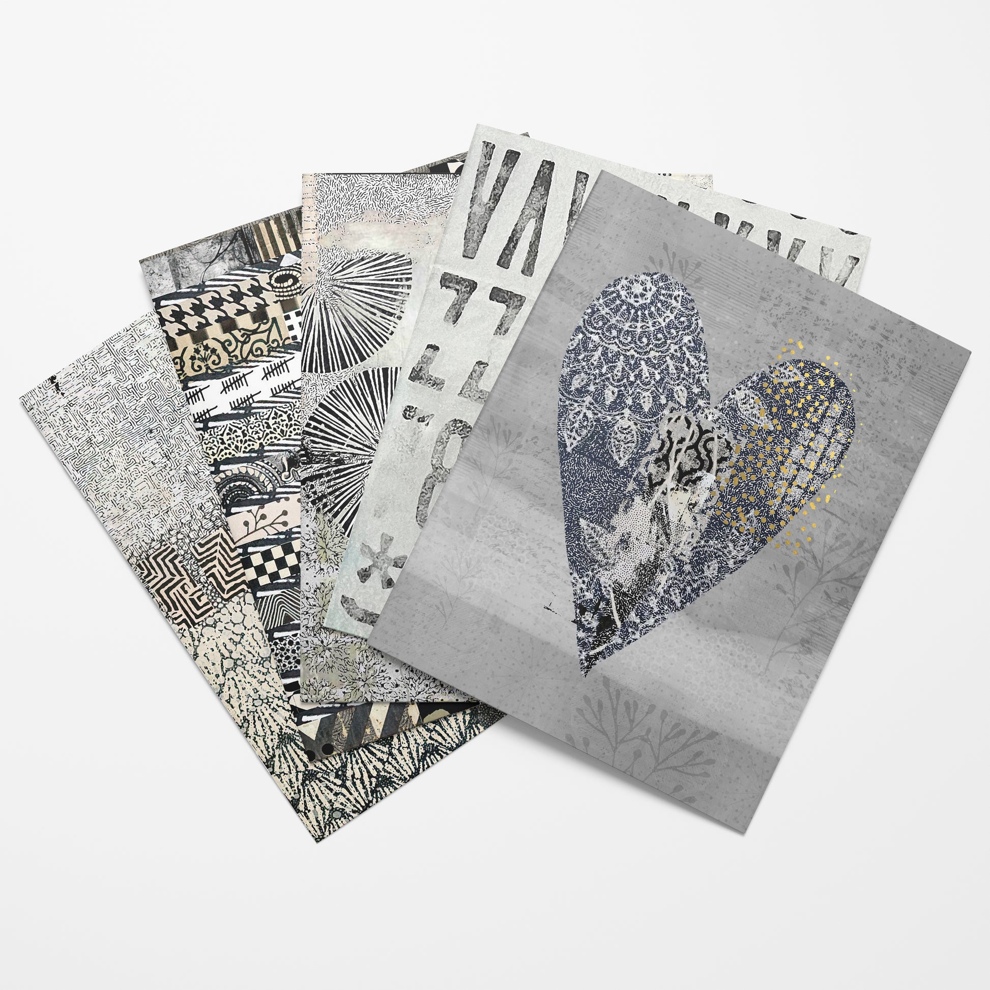 A set of five art prints with abstract black, white, and gray patterns, including a prominent heart design on the front, arranged in a fan-like stack on a light gray background.
