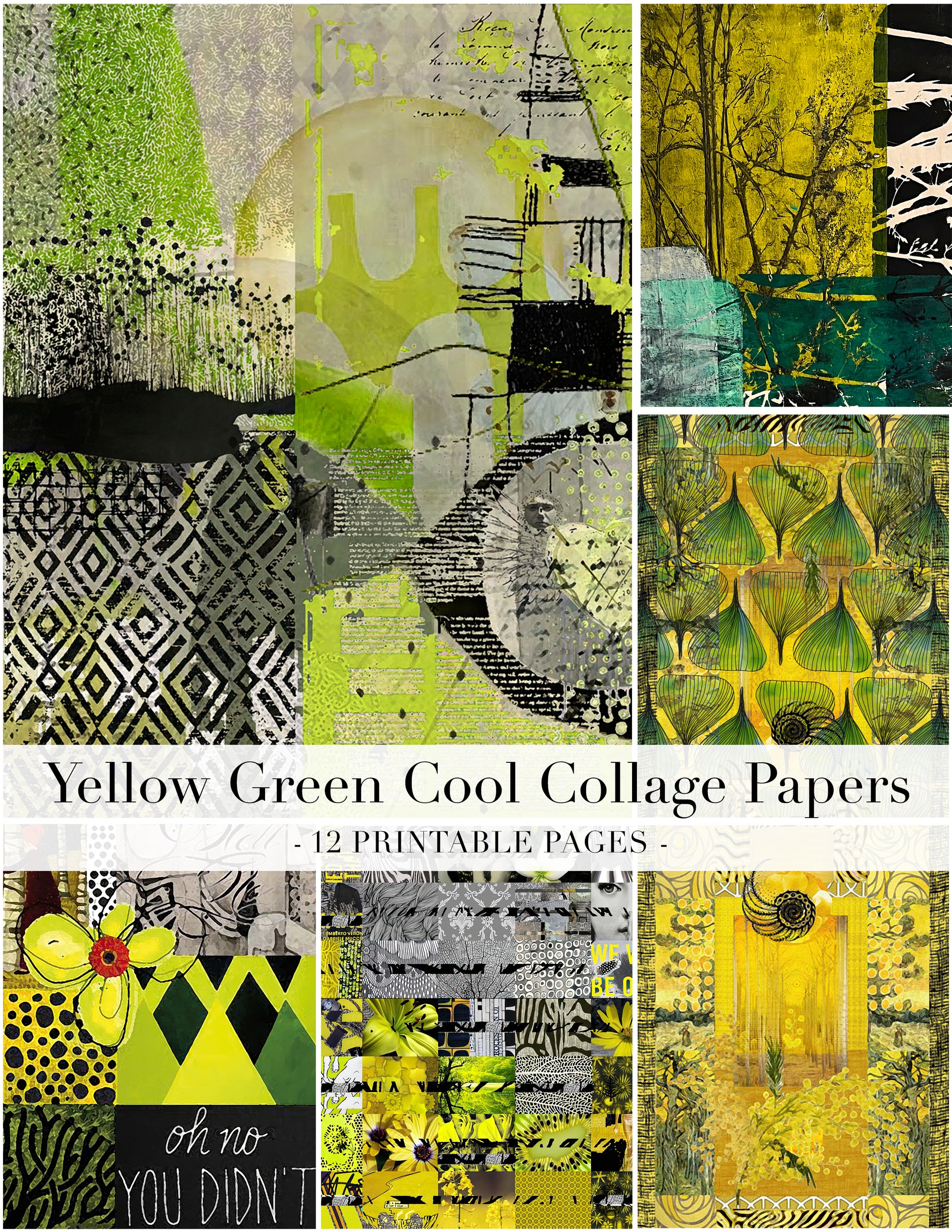 A collage of 12 abstract and textured paper designs in yellow, green, black, and gray, with text reading 'Yellow Green Cool Collage Papers - 12 Printable Pages -' across the center.