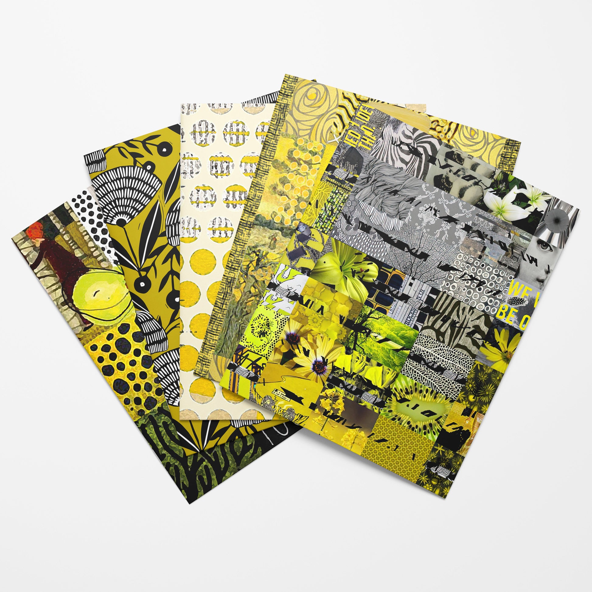 A set of five patterned art prints fanned out on a light gray background. The prints feature vibrant yellow, black, white, and green abstract designs, including floral, geometric, and zebra-like motifs.
