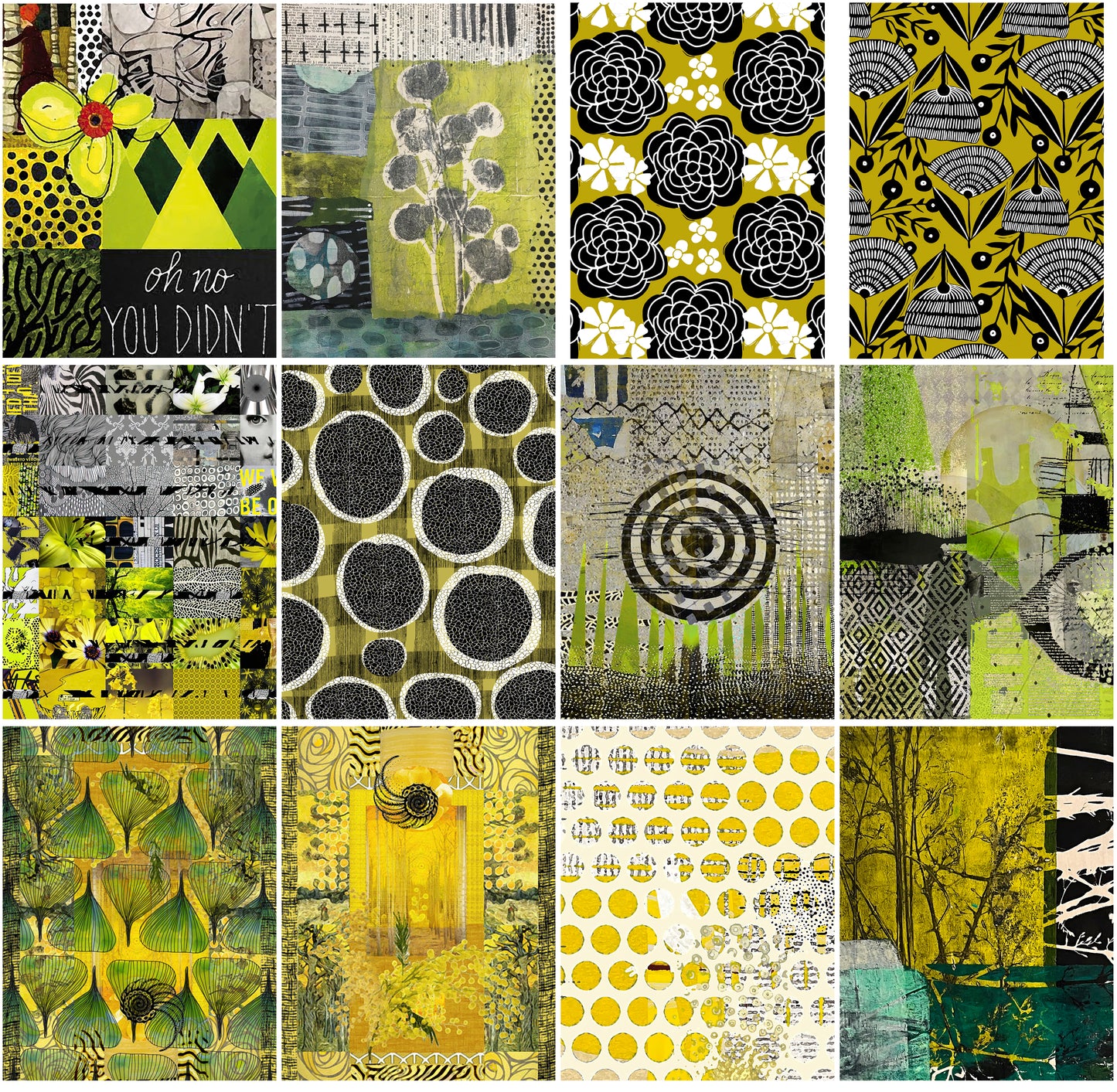 A 3x5 grid collage of twelve distinct abstract and floral collage papers  predominantly featuring yellow, black, and green tones with various patterns like circles, stripes, and floral motifs.