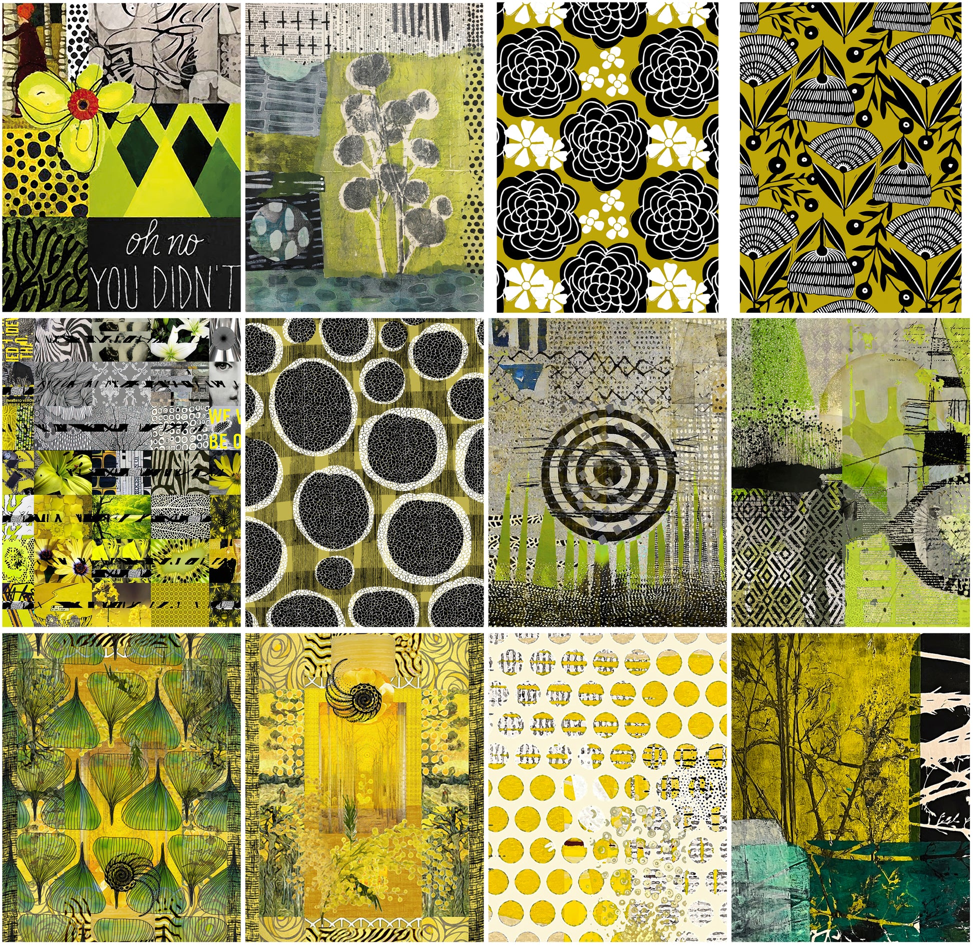 A 3x5 grid collage of twelve distinct abstract and floral collage papers  predominantly featuring yellow, black, and green tones with various patterns like circles, stripes, and floral motifs.