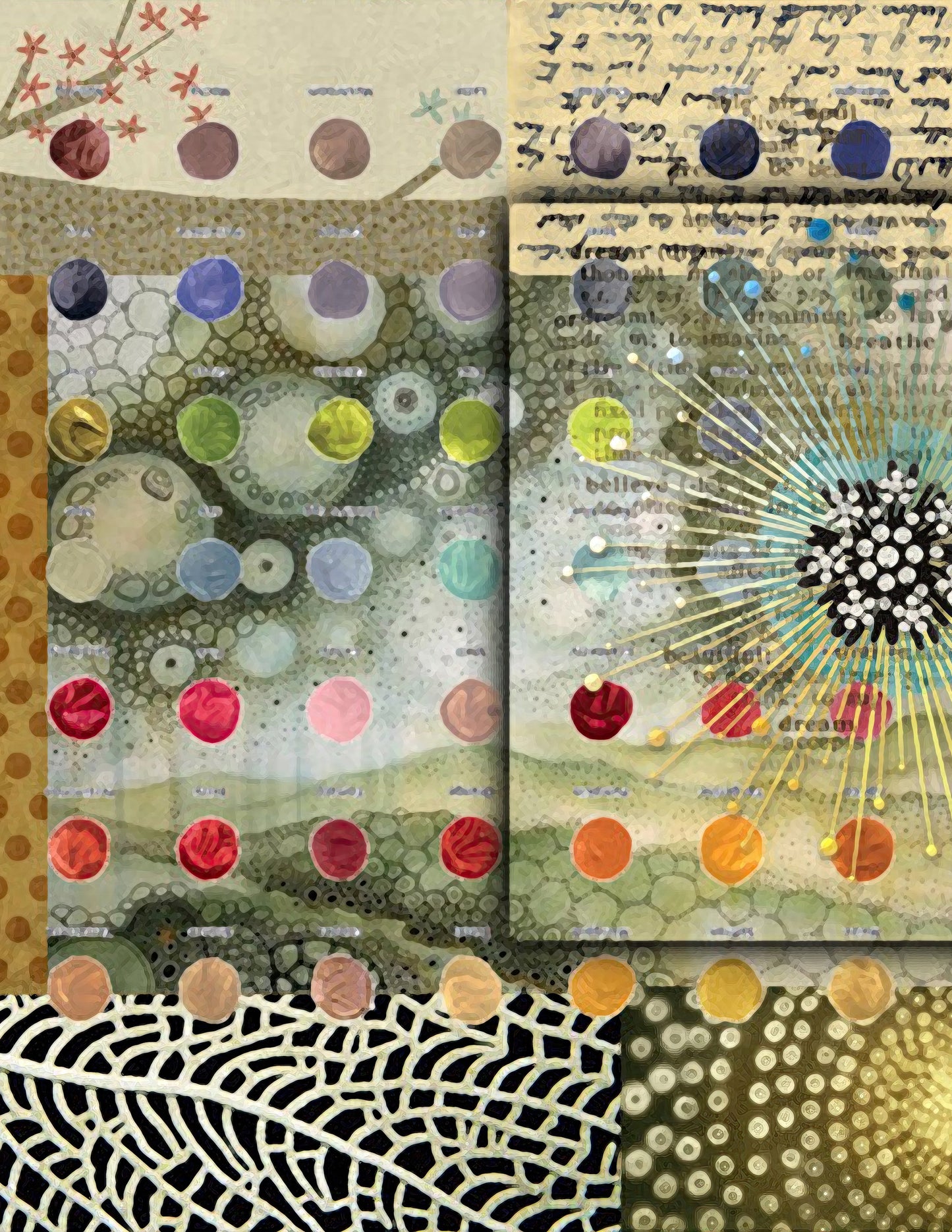 Collage of various abstract patterns with colorful circles and geometric shapes.