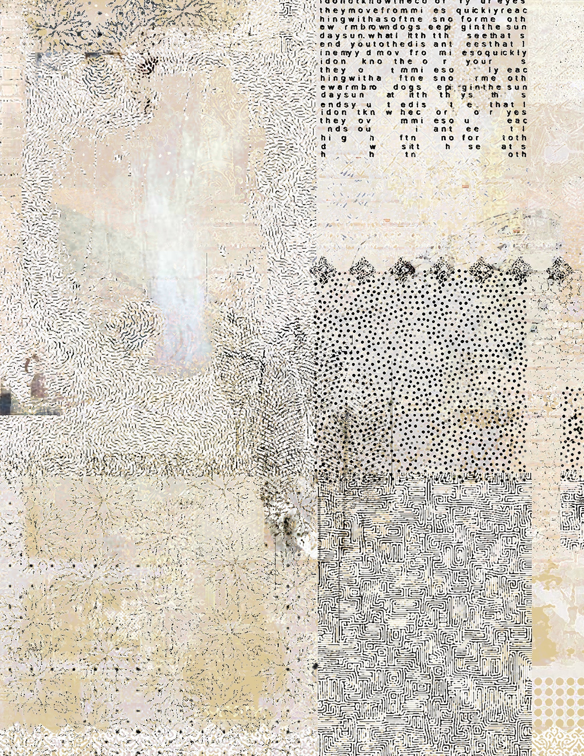 Textured surface with abstract patterns and text in various fonts and sizes.