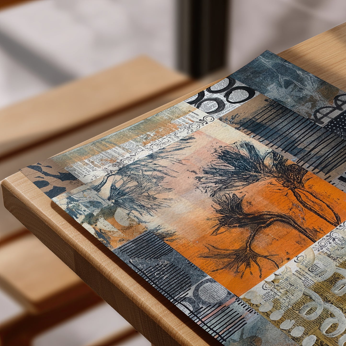 A rectangular art print featuring an abstract collage design with orange, gray, black, and beige tones, resting on a light wood frame in a softly blurred indoor setting.