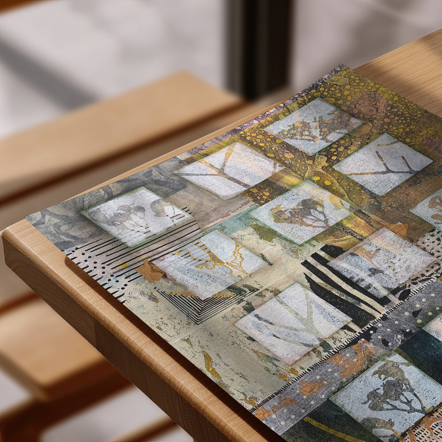 A rectangular mixed-media collage art print resting on a light wood table. The artwork features a patchwork of textured panels with tree silhouettes, stars, stripes, and abstract patterns in muted tones of beige, gray, black, gold, and white.