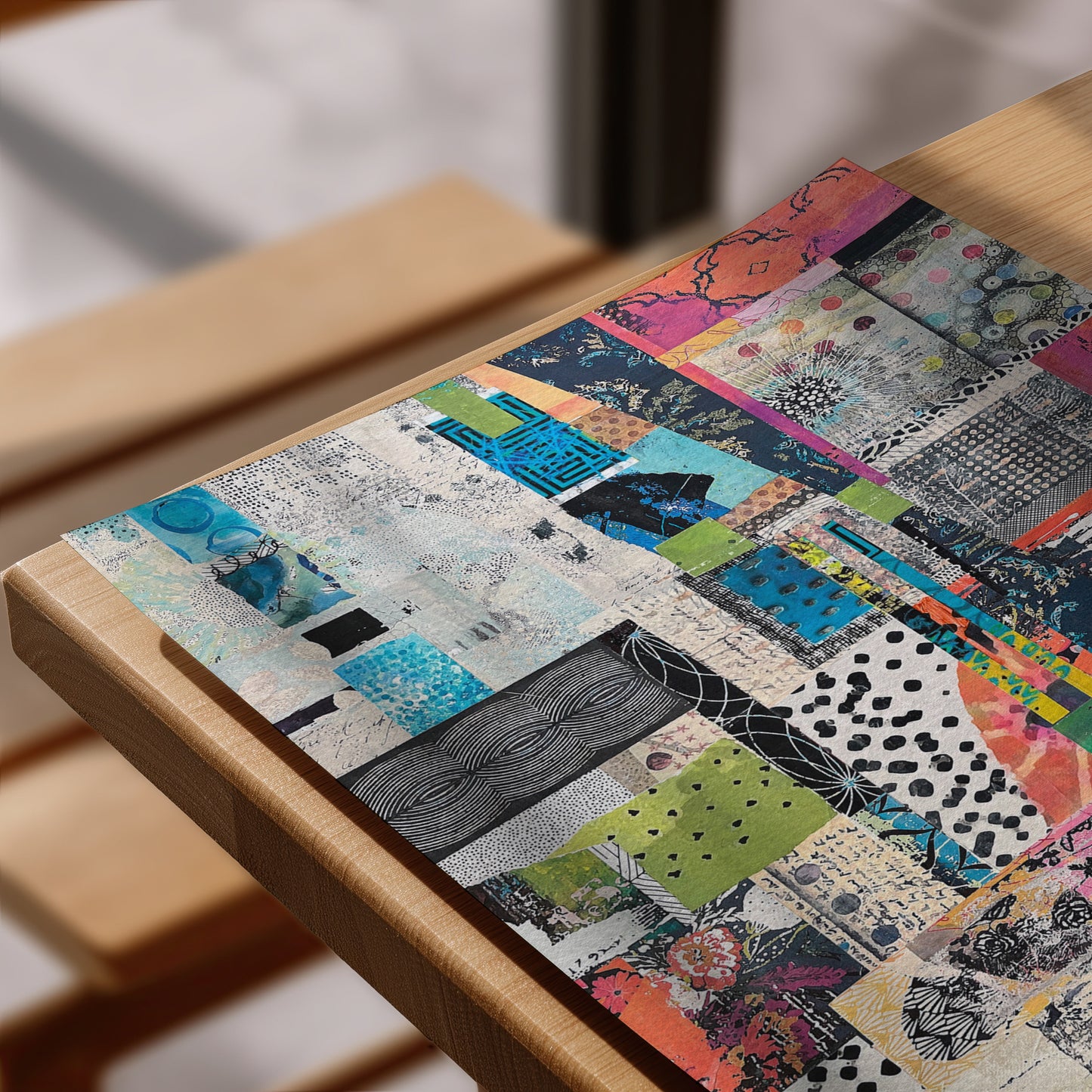 A rectangular placemat with a colorful abstract patchwork collage design rests on a light wood table, with blurred wooden chairs in the background.