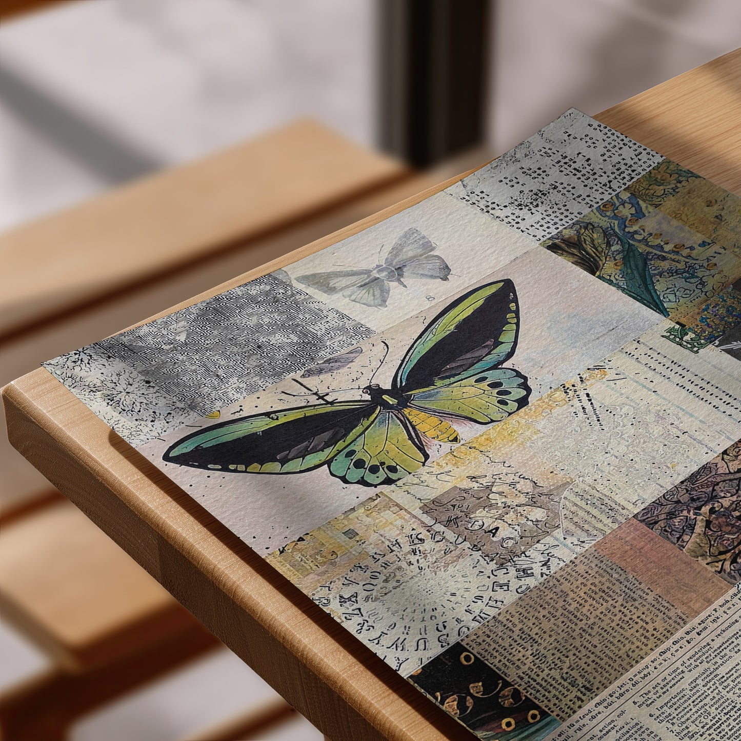 A rectangular decorative placemat featuring a large green and black butterfly over a collage of vintage newspaper prints and textures, styled on a light wood table.
