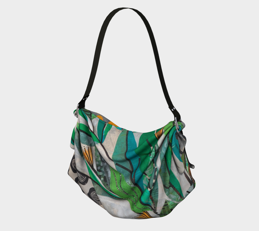 Green and white patterned bag on a light gray background