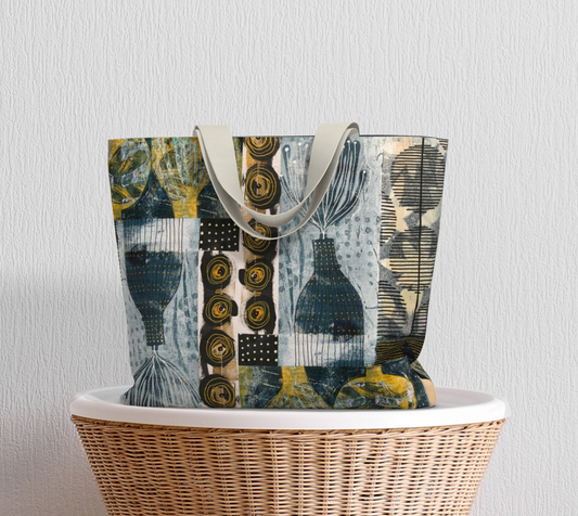 Tote bag with abstract pattern on a wicker chair against a plain background.