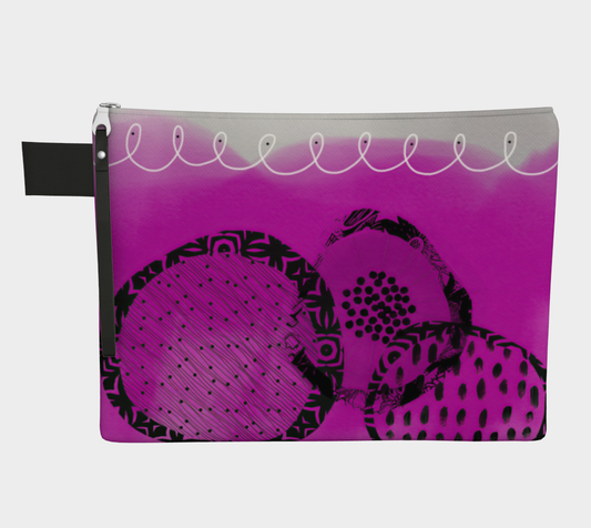 Pink pouch with black abstract designs on a white background