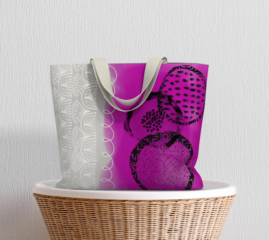 Purple tote bag with black circular pattern on a white surface