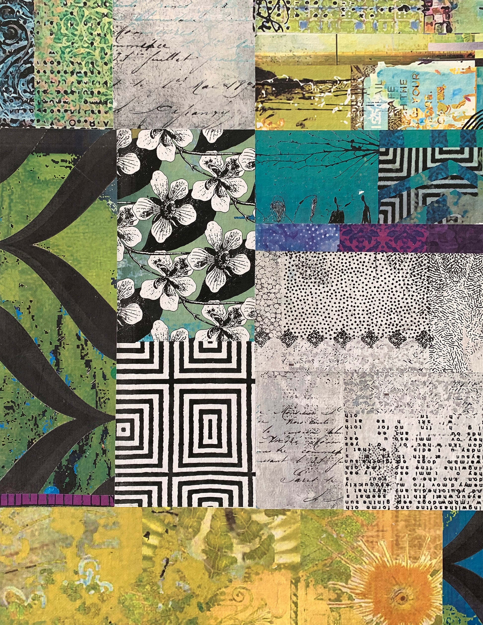 Collage of various textured and patterned paper sheets.