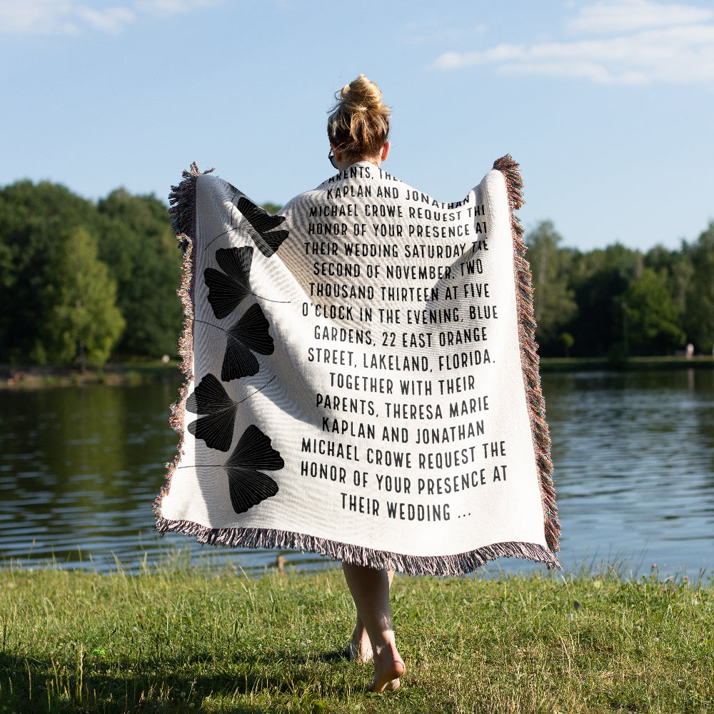 Personalized Woven Wedding Invitation Blanket | Black Ginkgo design by Museware creator Sheree Burlington