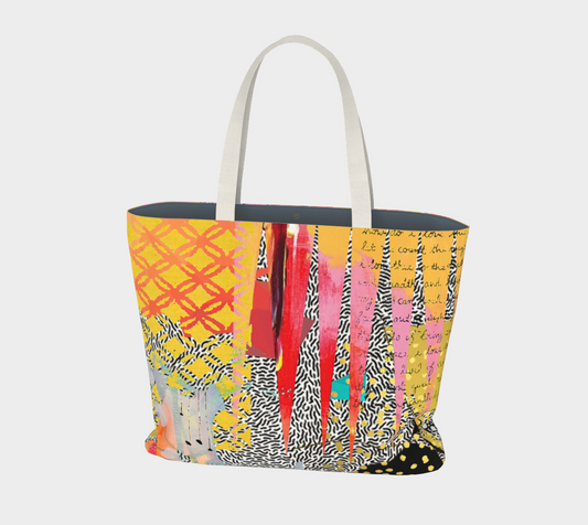Colorful tote bag with abstract patterns on a white background