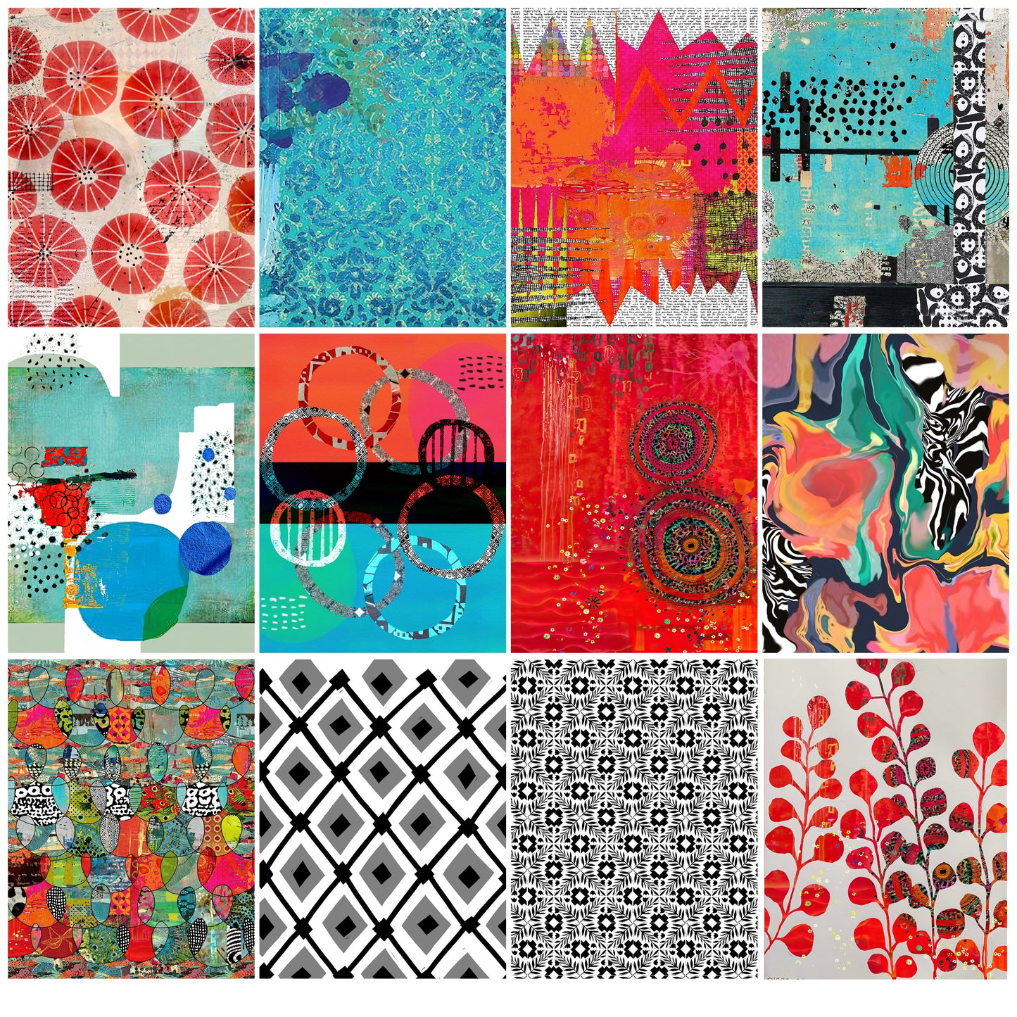 grid of colorful designs red teal grey on white background