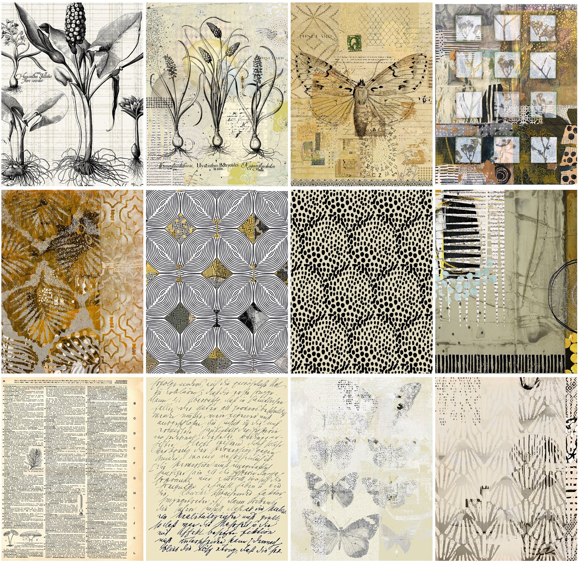 Collage of various artistic patterns and textures including plants, butterflies, and abstract designs.