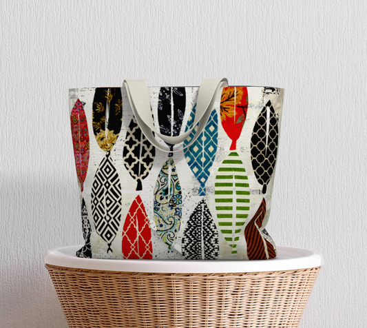 Leaf Field Botanical Collage - Large Lined Tote Bag