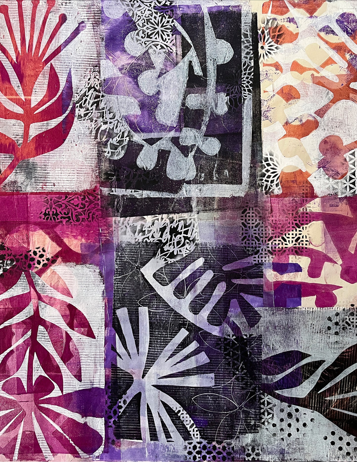 Abstract art piece with various patterns and colors