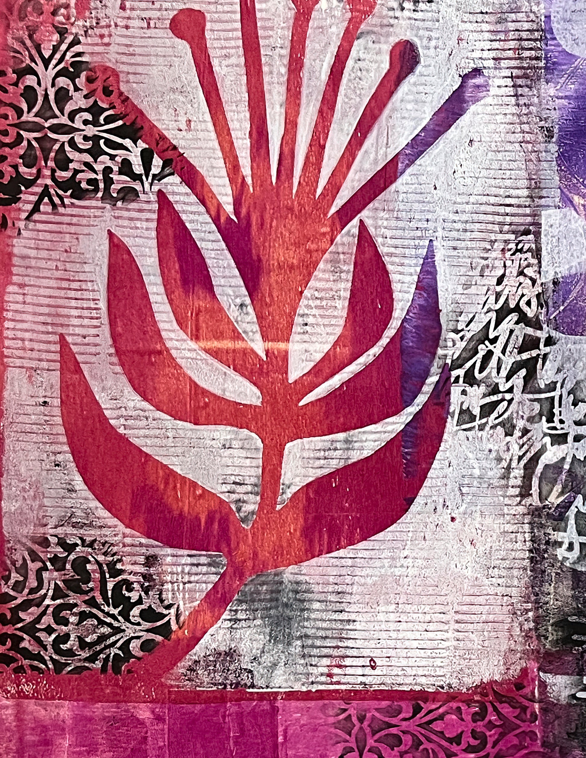 Artistic depiction of a stylized flower with red and purple colors on a textured background.