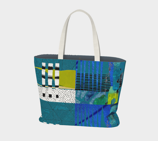 Colorful patterned tote bag on a white background