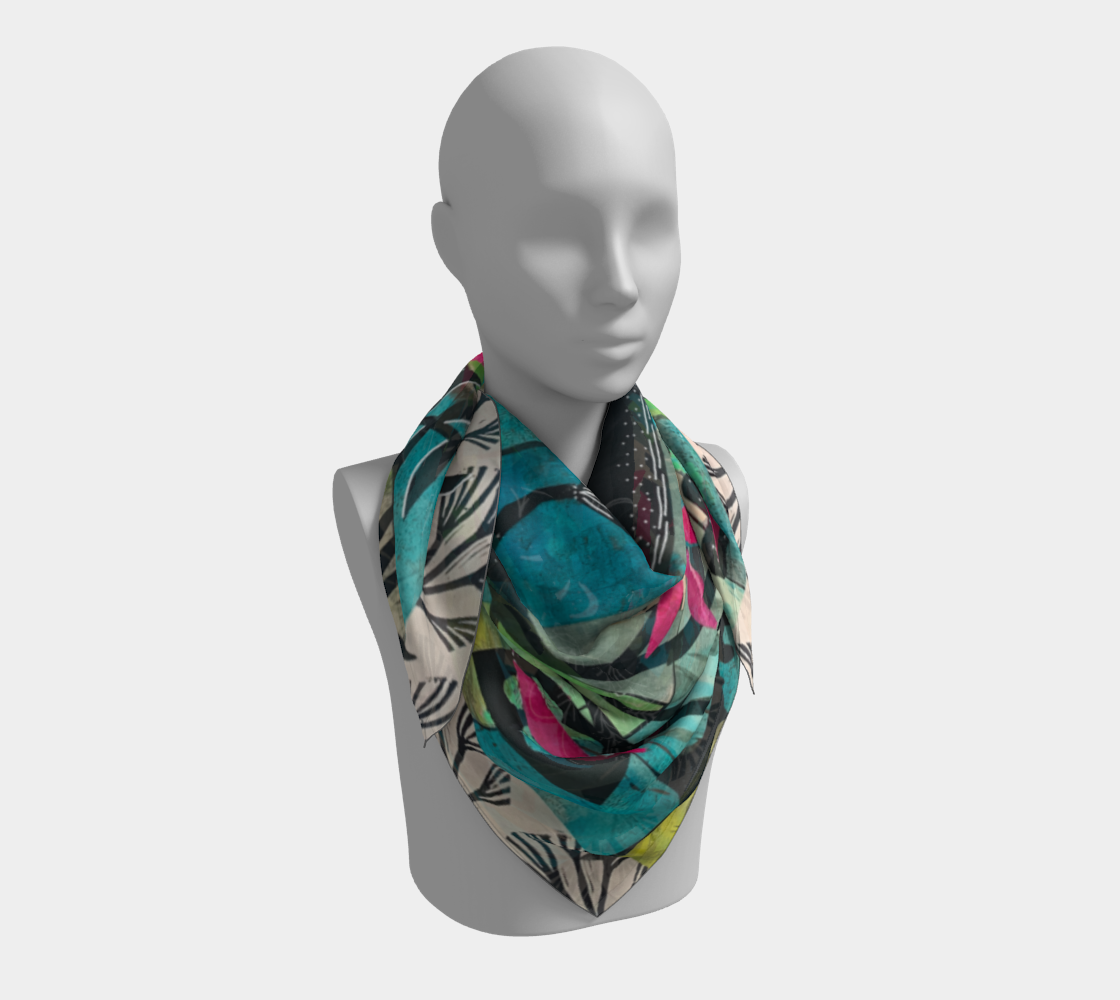 Mannequin wearing a colorful scarf with a pattern on a white background