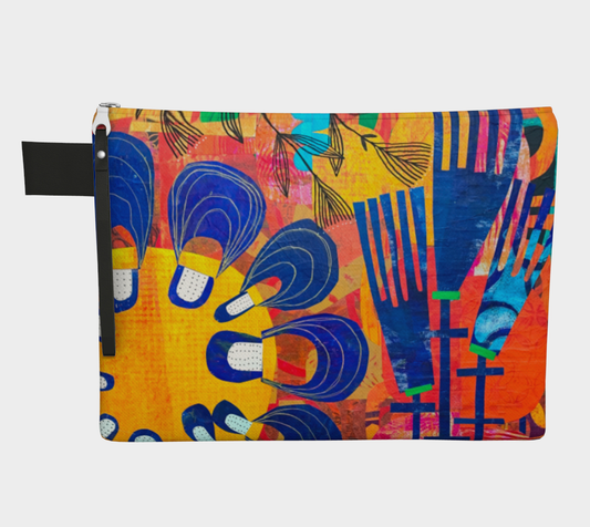 Colorful pouch with abstract patterns on a white background