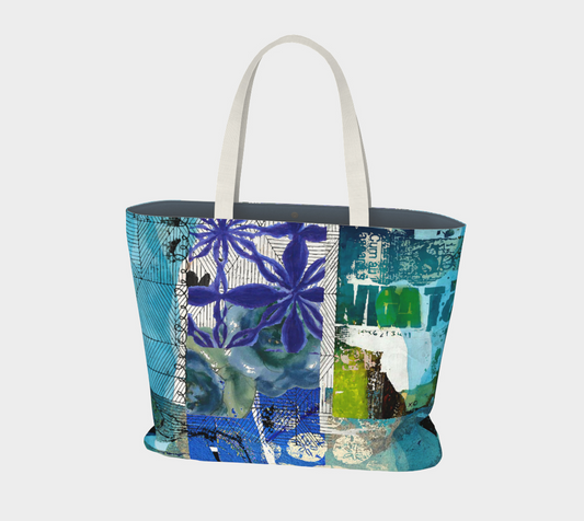 Tote bag with a colorful abstract pattern on a white background