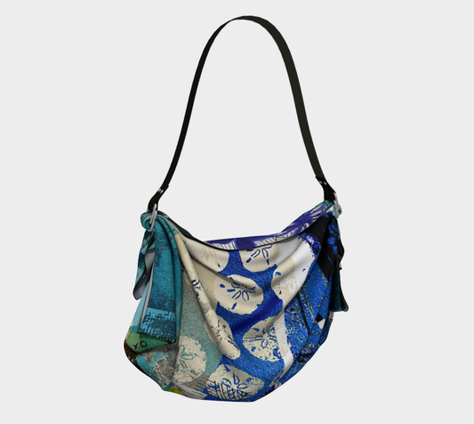 Multicolored handbag with a pattern on a white background