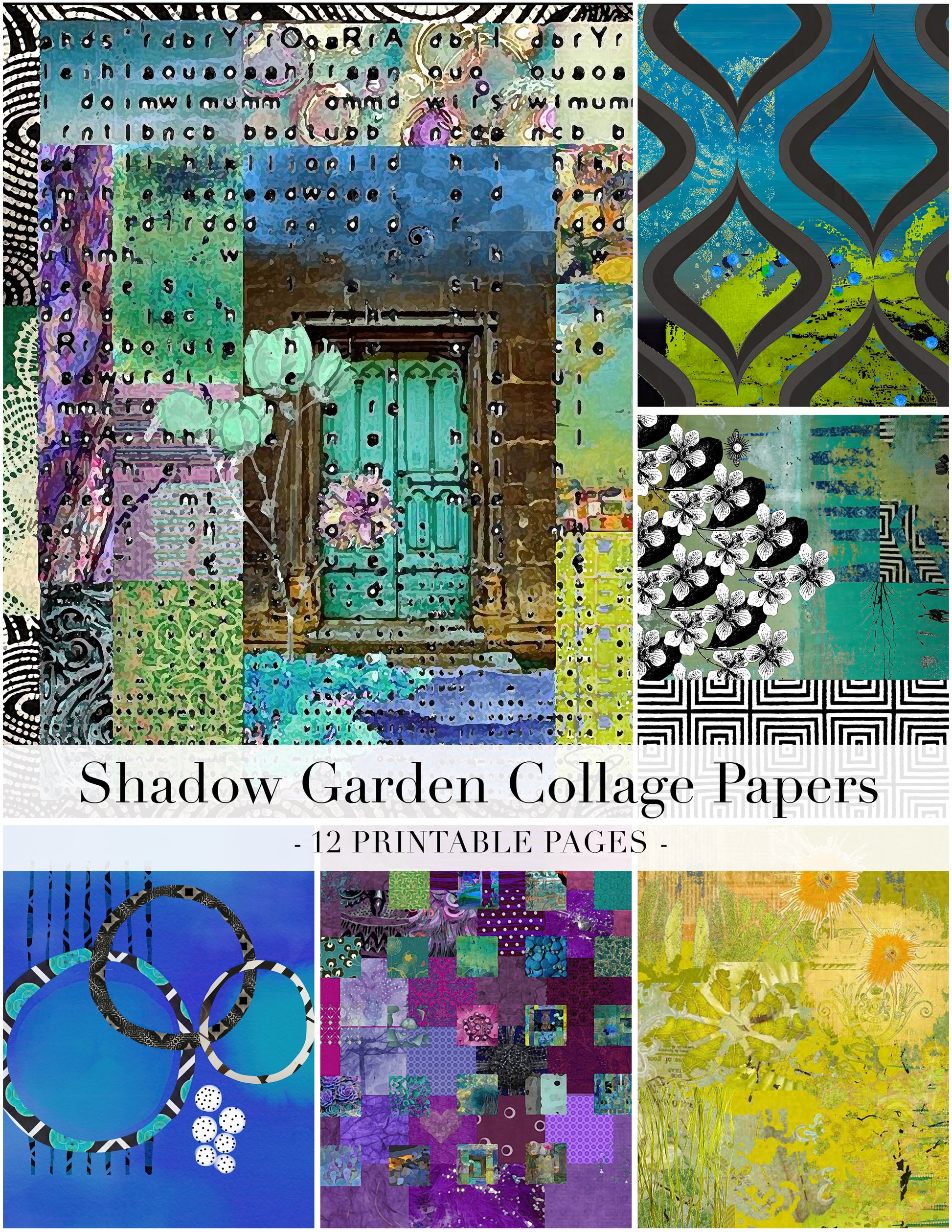 Collage of various artistic designs with text 'Shadow Garden Collage Papers' and '12 Printable Pages'.