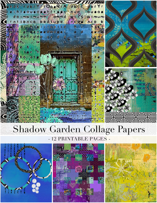 Collage of various artistic designs with text 'Shadow Garden Collage Papers' and '12 Printable Pages'.