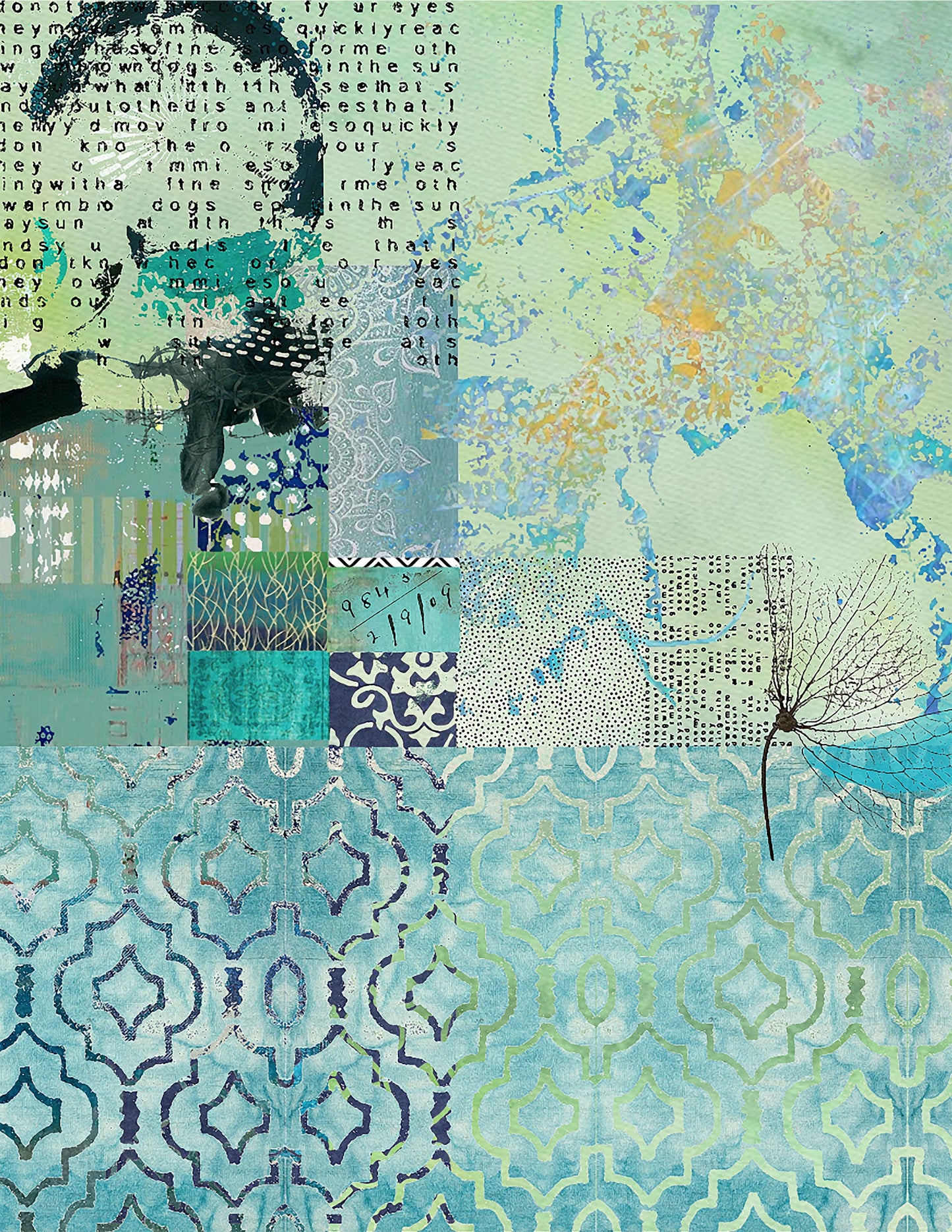 Collage with patterns and text in teal, blue, and green tones