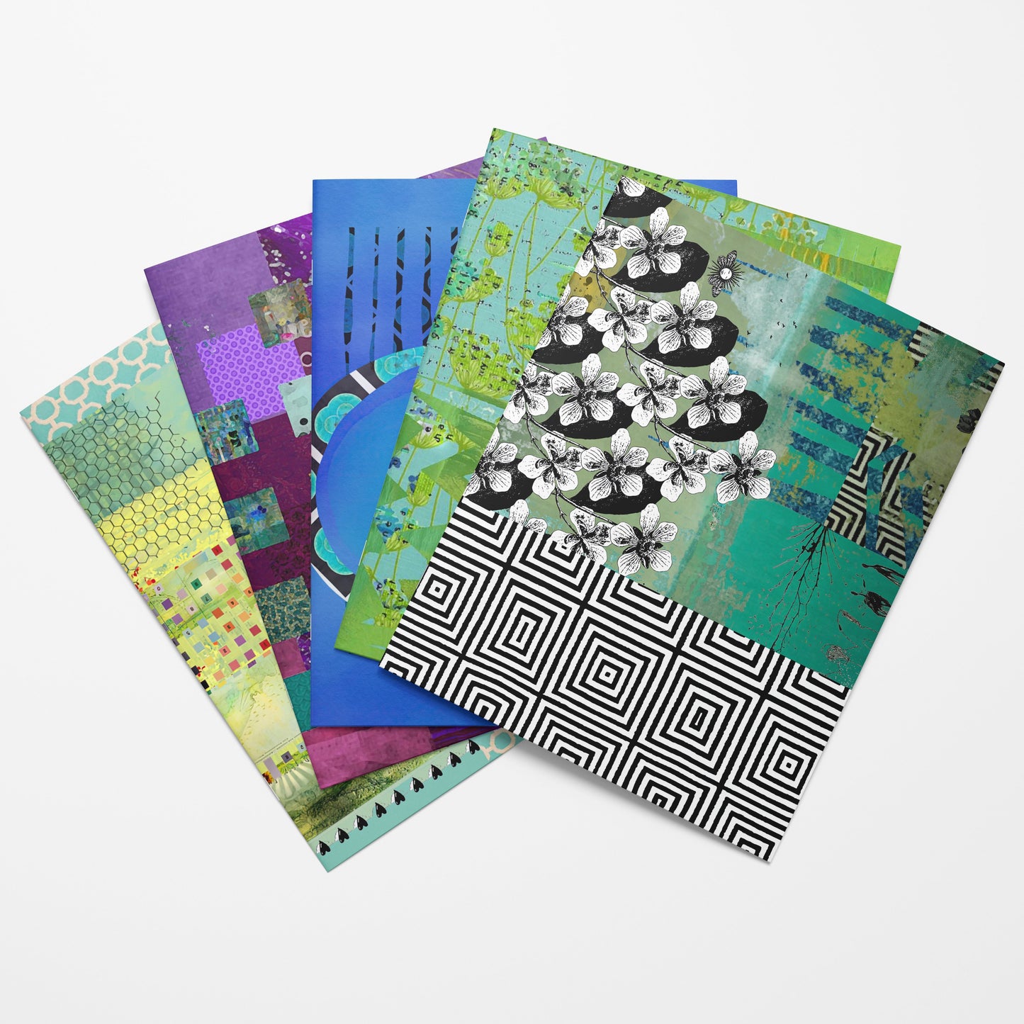 Collection of patterned collage papers on a white background