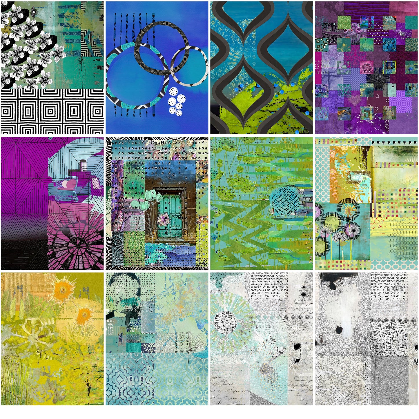 colorful grid of collage papers in cool colors over a white background
