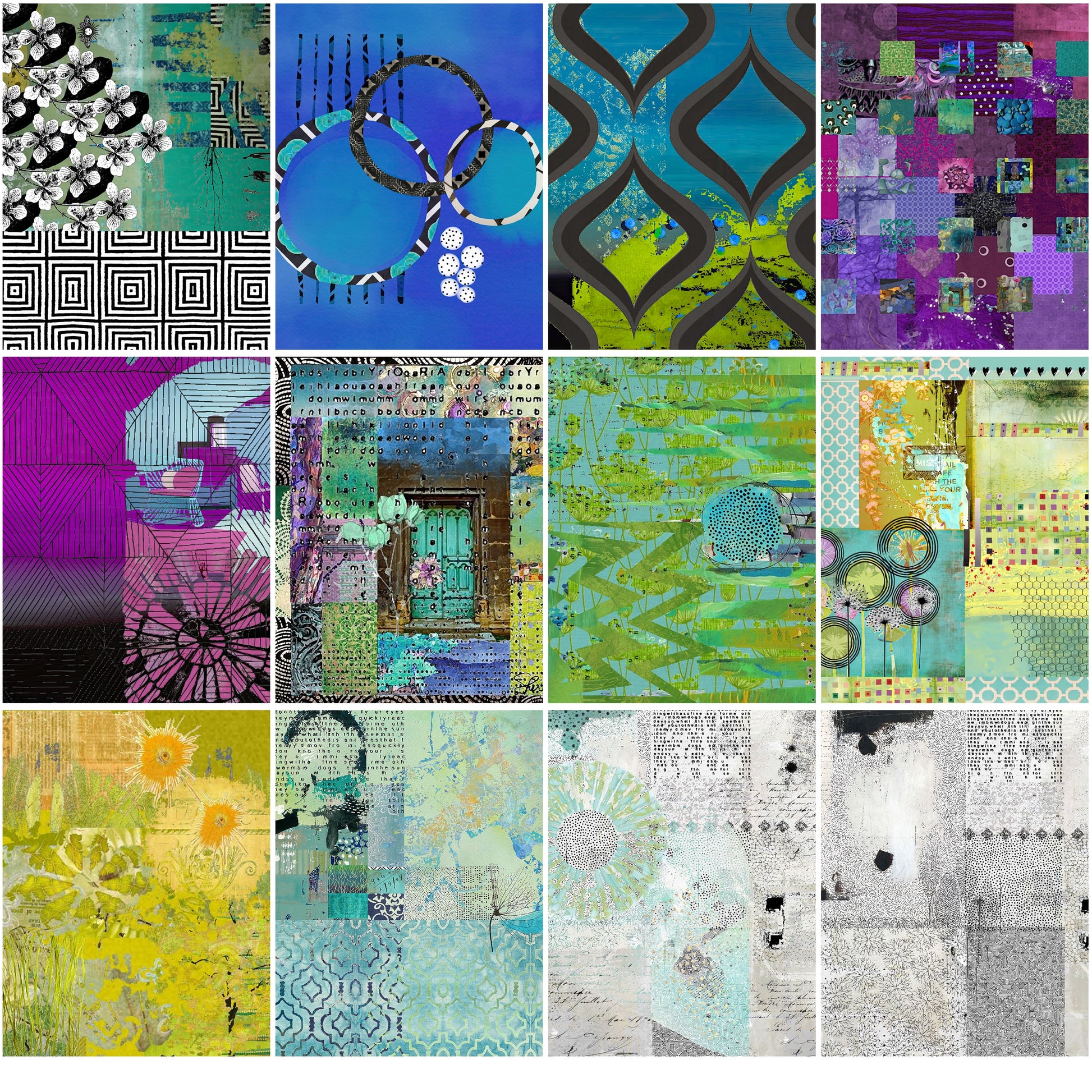 colorful grid of collage papers in cool colors over a white background
