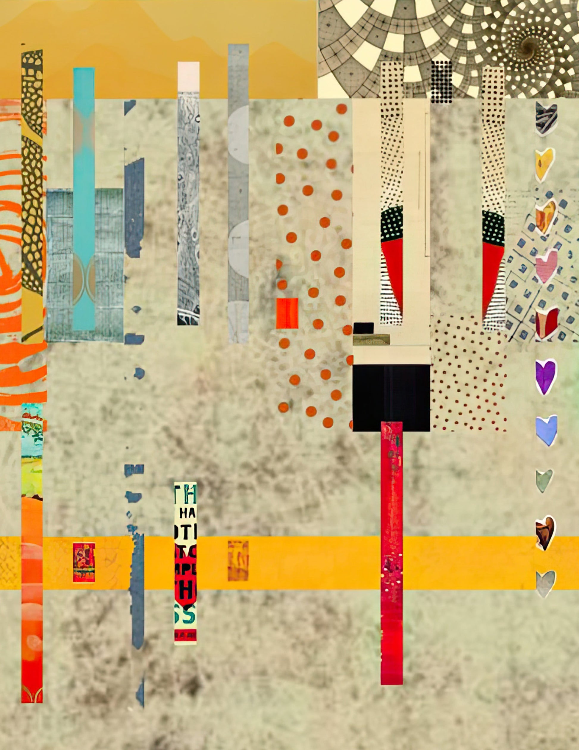 neutral colored collage with geometric shapes in red blue orange
