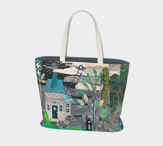 Tote bag with artistic design featuring a house, trees, and abstract elements on a white background