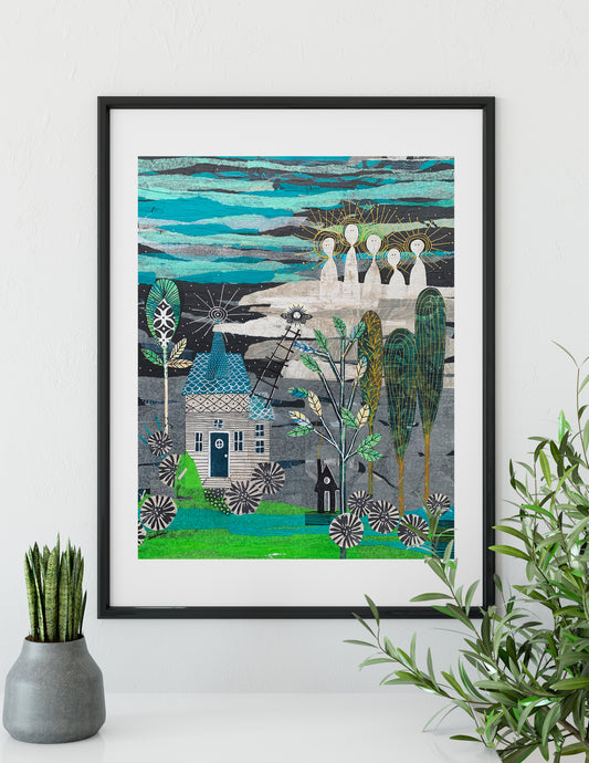 A framed art print featuring a stylized landscape with a windmill, trees, a house, and several white figures under teal and gray skies, displayed on a white wall above a shelf with a small potted plant and a green leafy branch.